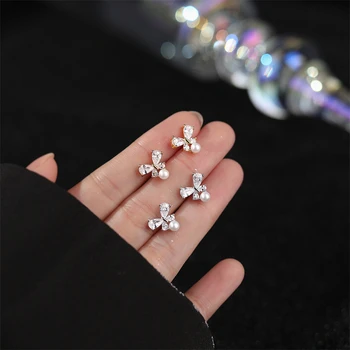 925 Sterling Silver kórejský Elegantné Zirkón Pearl Motýľ Stud Náušnice pre Ženy Módne Jednoduché Svetlo Luxusné Šperky Darček