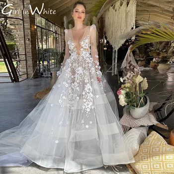 Luxusné, Ručne vyrábané A-line Svadobné Šaty 3D Kvety Dlhé Rukávy Svadobné Šaty Sexy Ilúzie Šaty Pre Ženy vestidos de fiesta