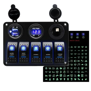 Mayitr 1pc 12V 5 Gangu Modré LED Kolískový Spínač Panel Auto, Loď, Námorné S USB Nabíjanie LCD Voltmeter pre zapaĺovač