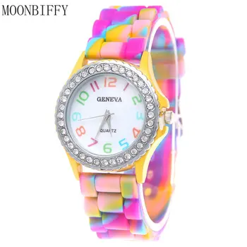 Móda Ženy Hodinky Luxusné Kamufláž Diamond Quartz Hodinky Nové Rainbow Silikónové Šaty Dámske Hodinky Dievčatá Hodiny Reloj
