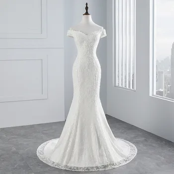 Real foto nový štýl loď krku krásne čipky svadobné šaty pre svadobné Vestido de noiva Morská víla svadobné šaty