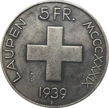 Švajčiarsko 1939 5 Franken Bitka Laupen kópie mincí